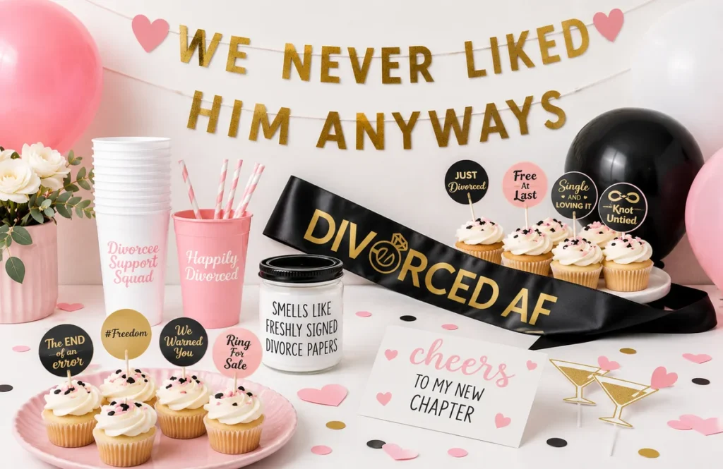 Divorce party table with cake, balloon decorations, and champagne flutes