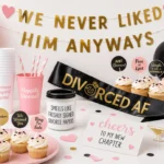 Divorce party table with cake, balloon decorations, and champagne flutes