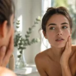 Woman checking for whitehead bumps in a bathroom mirror