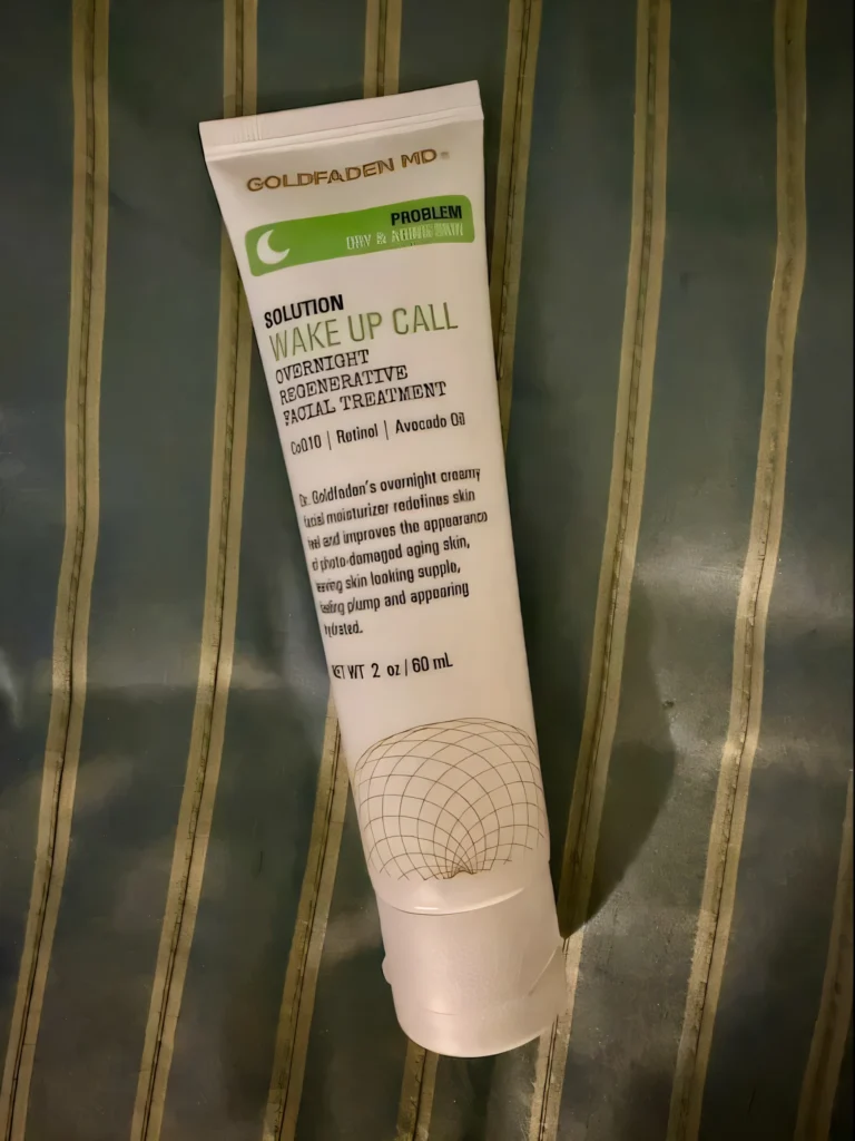 Goldfaden MD Wake Up Call overnight cream tube on bathroom counter