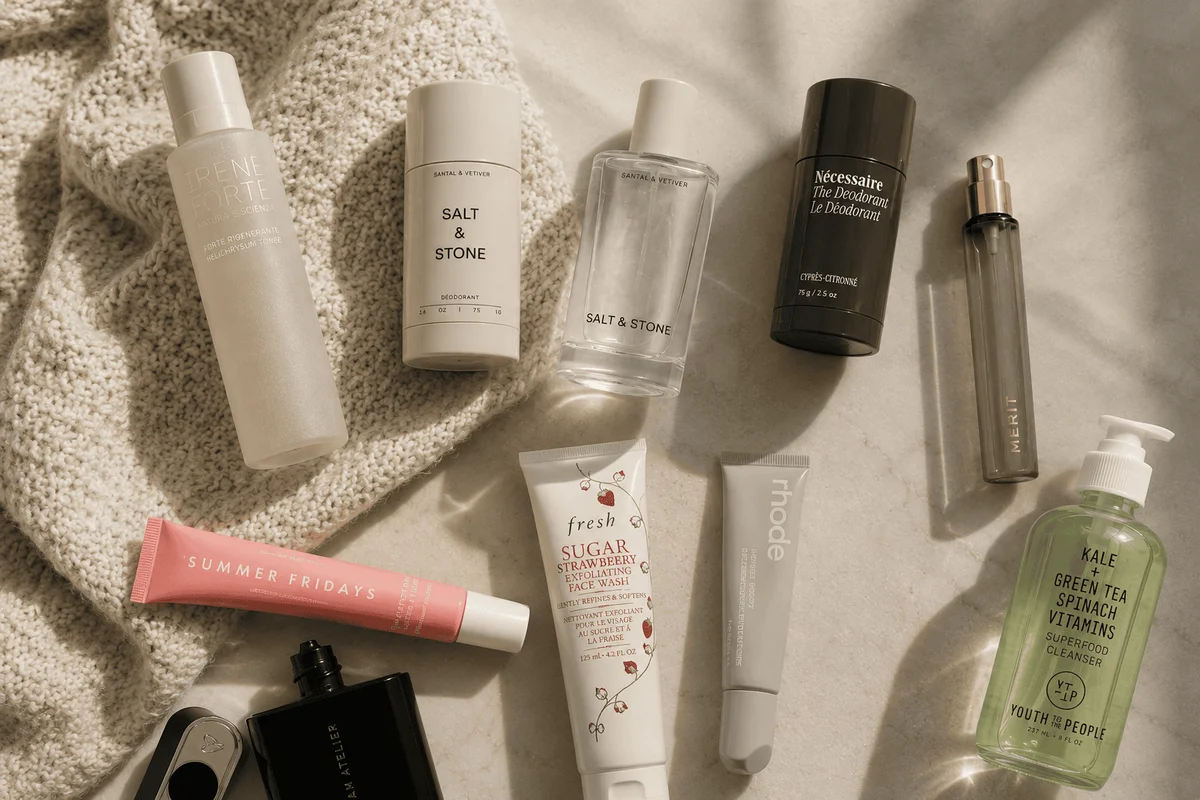 Bathroom shelf with clean beauty skincare products being sorted