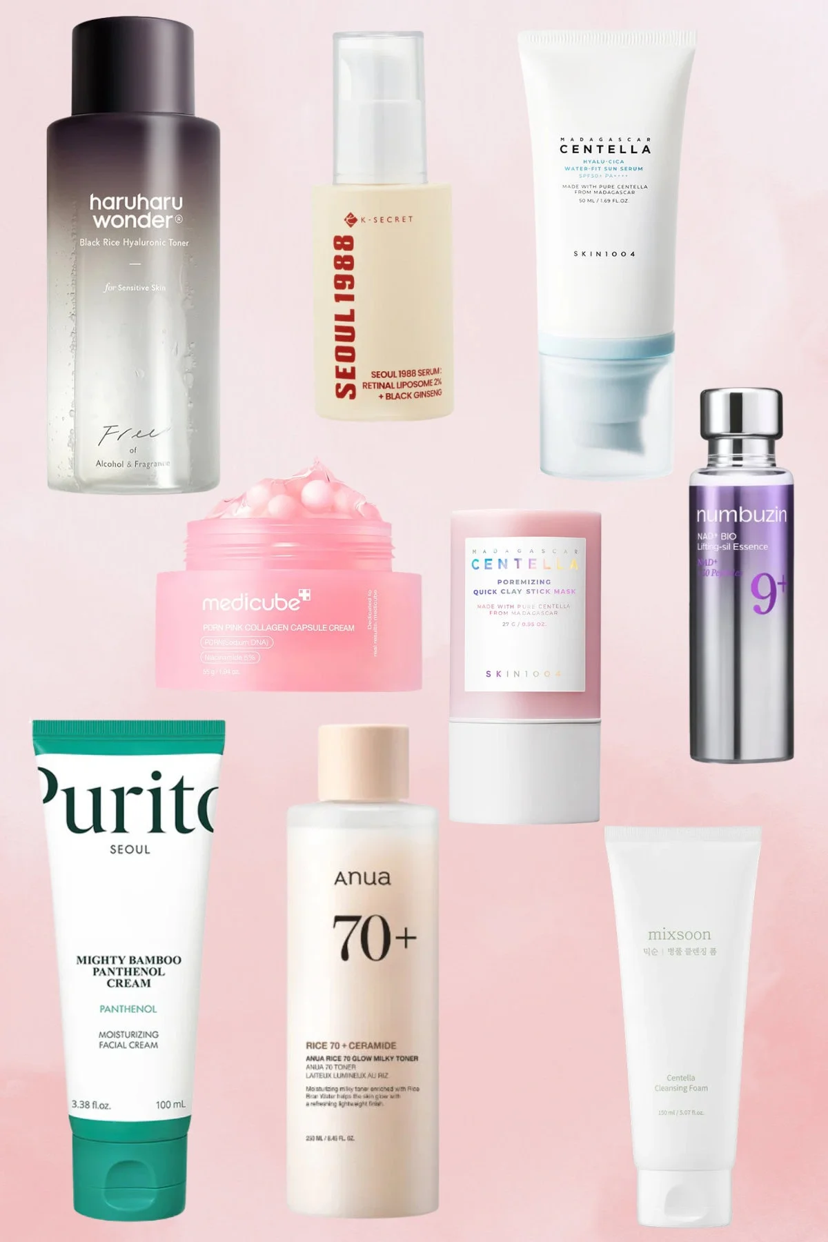 Flat lay of nine Korean skincare products on soft pink background