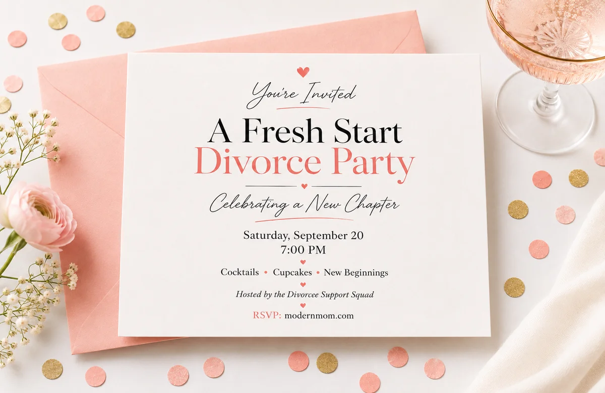 Personalized divorce party invitations laid out on a table