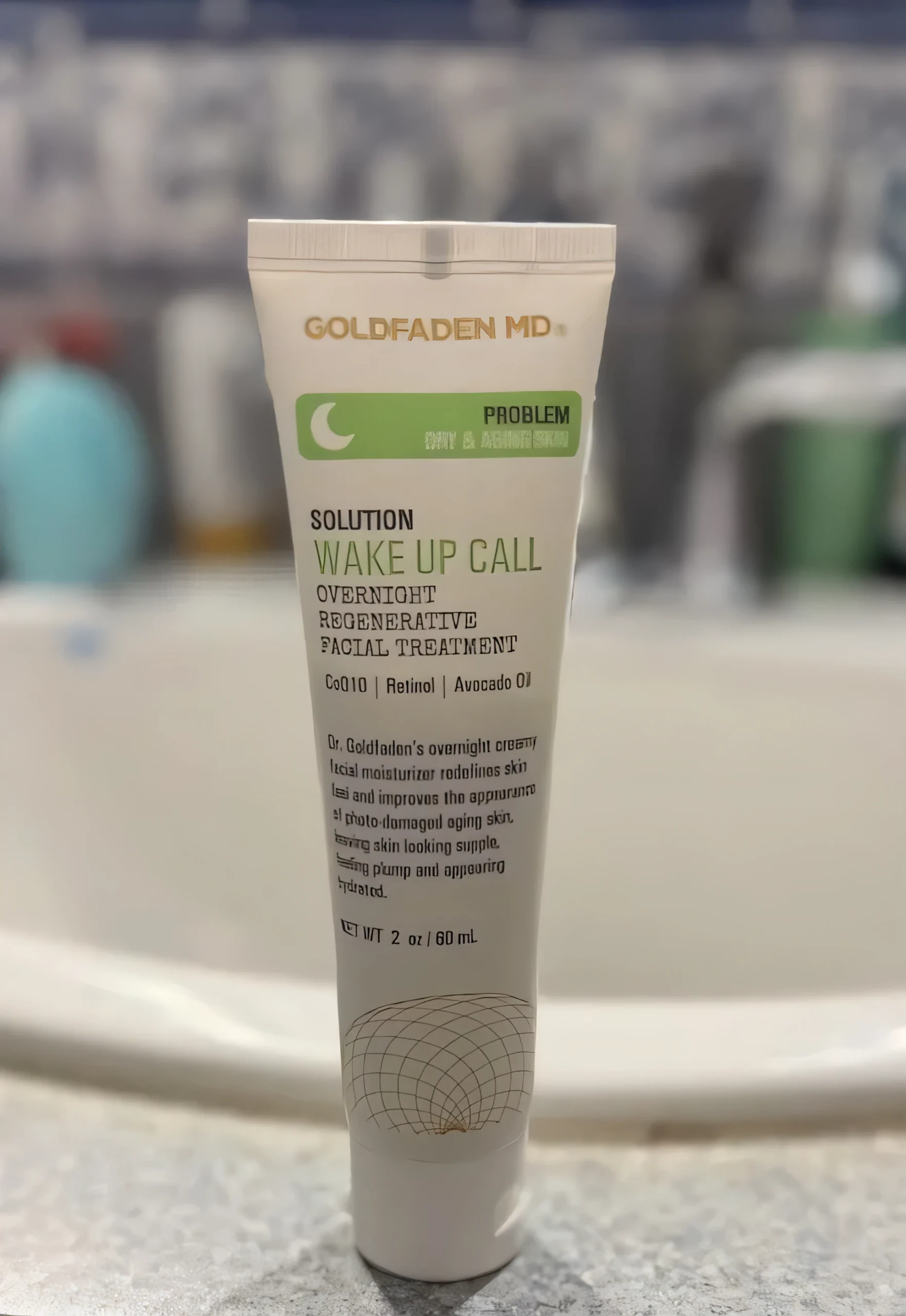 Goldfaden MD Wake Up Call tube against striped fabric background