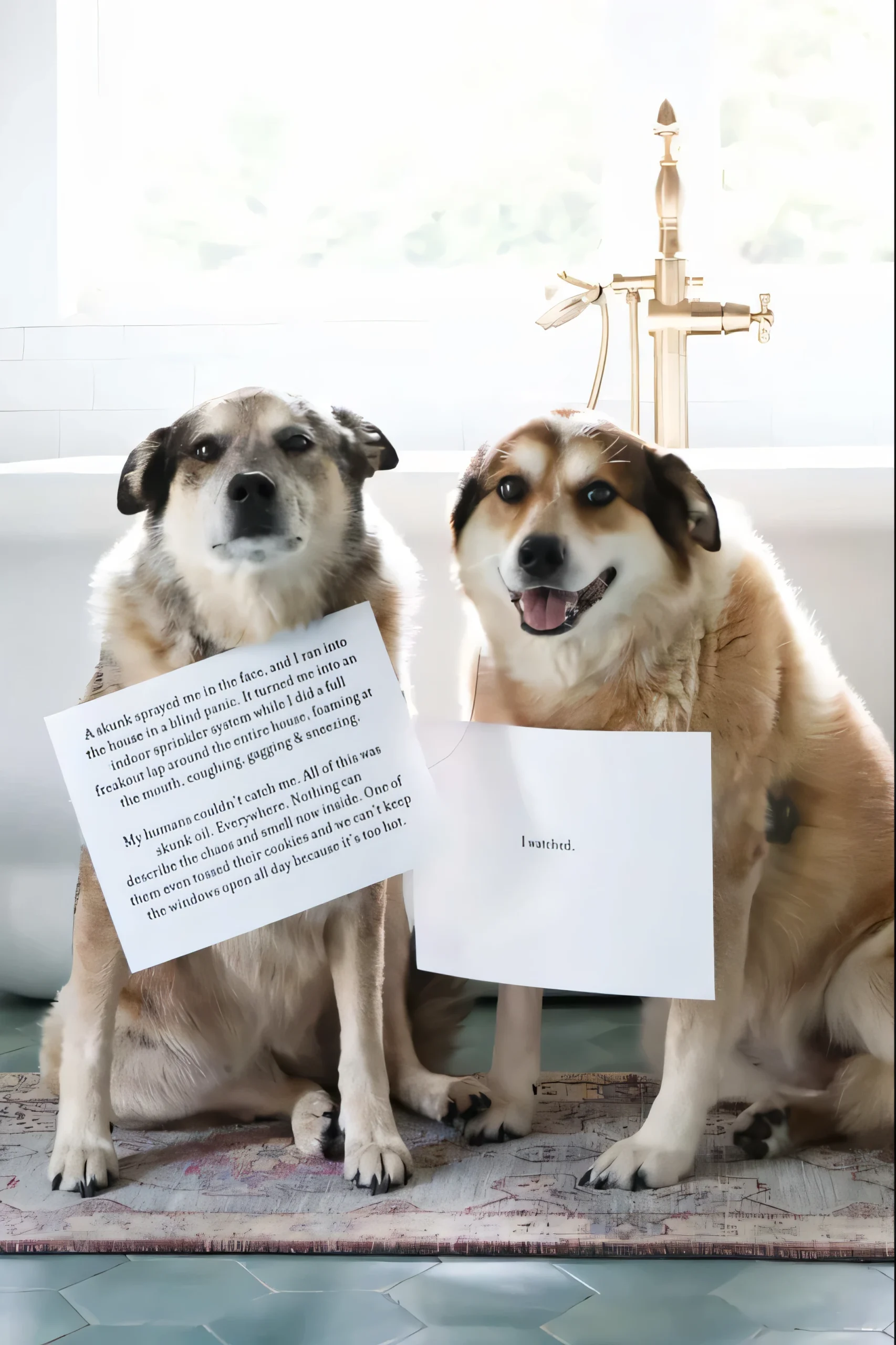 dog by bathtub with a note