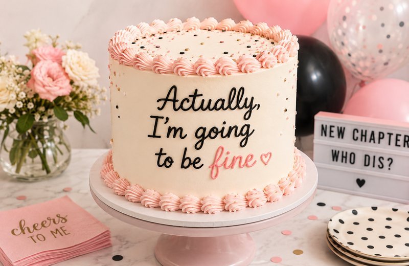 Divorce party cake with celebratory message and balloons