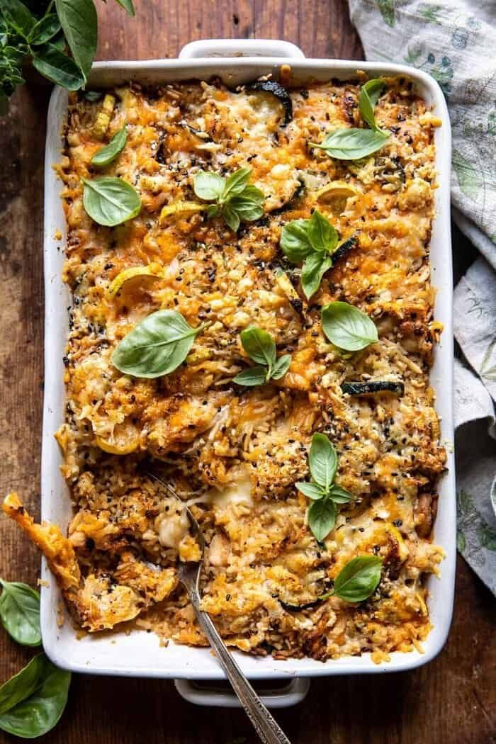 Chicken and zucchini casserole baked golden with fresh basil