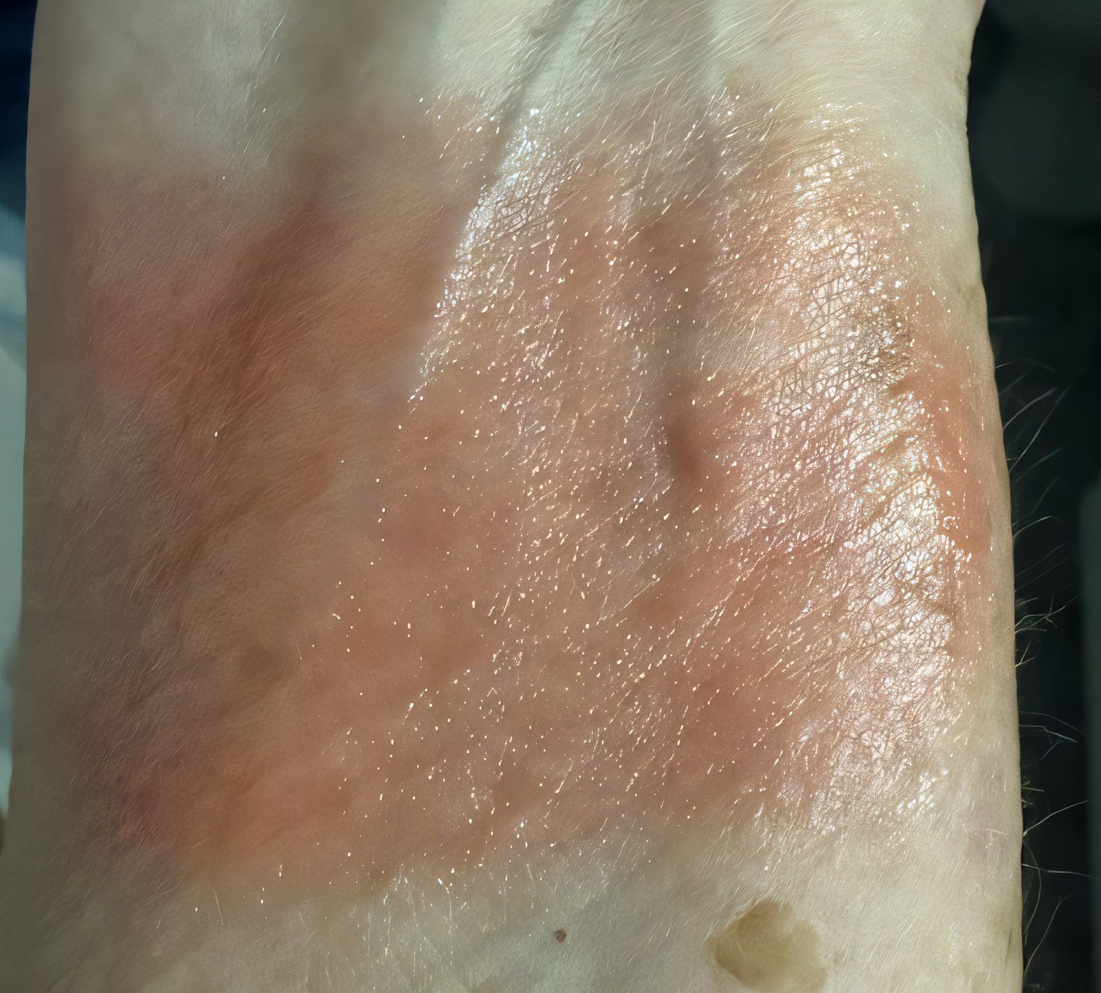 Coral liquid blush swatched on skin showing dewy finish