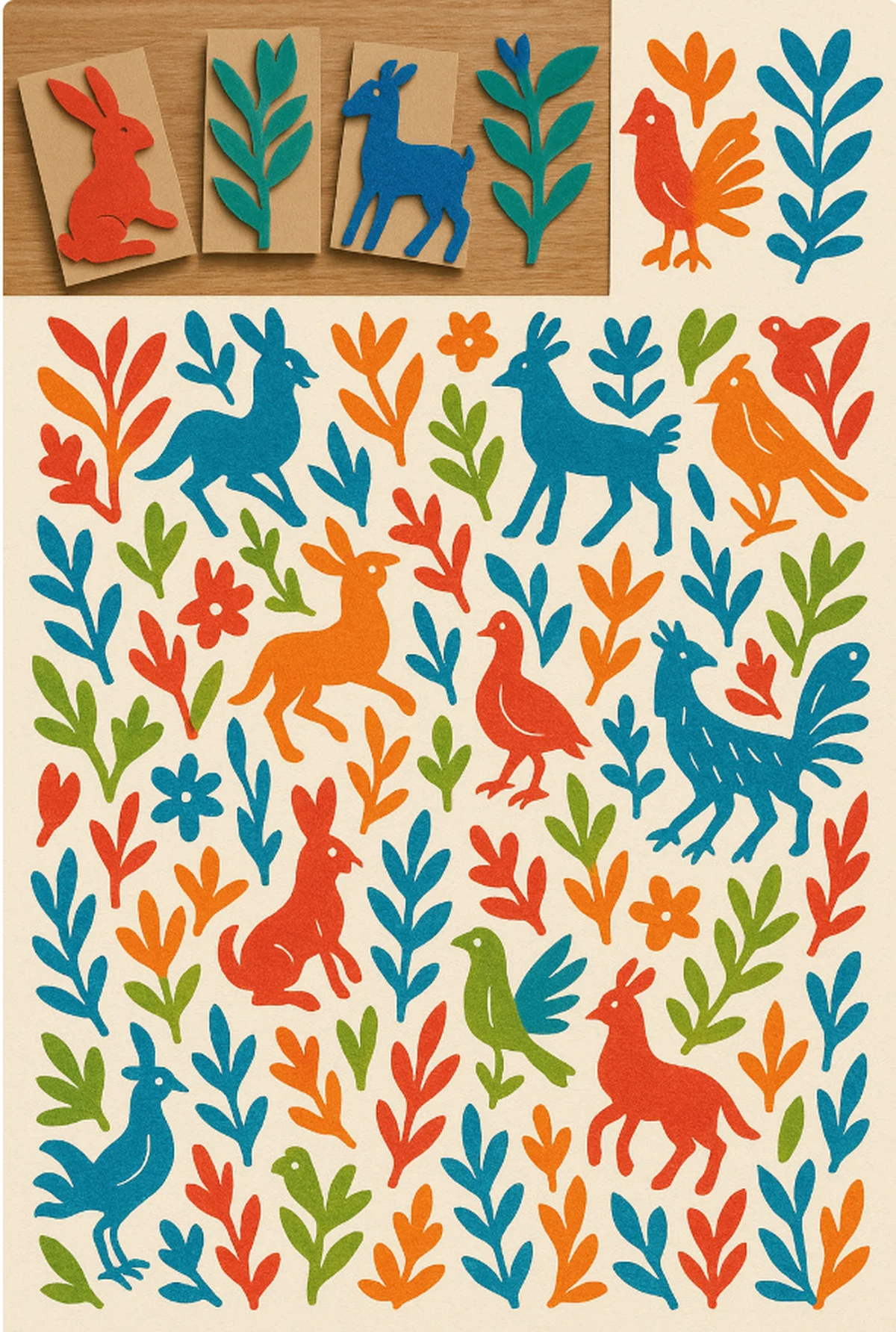 Hand-stamped tenango pattern print in bold colors on cardstock