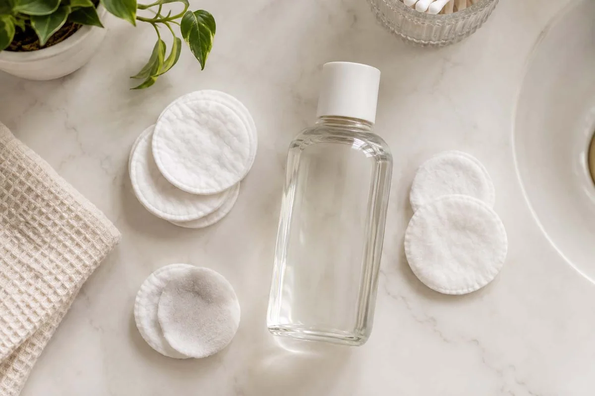 Clear nail polish remover bottle and cotton pads on a marble counter
