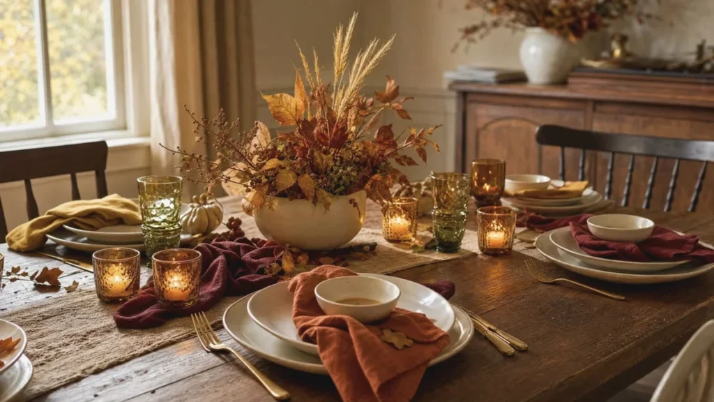 Rustic autumn Thanksgiving table with candles and floral centerpiece
