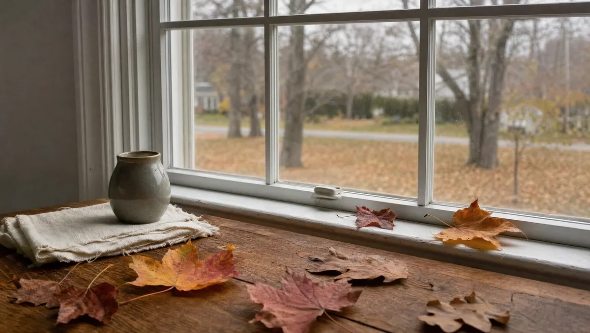 Autumn maple leaves on a wooden windowsill beside a vase