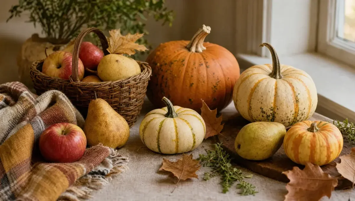 Harvest display with pumpkins, apples, and pears on a table