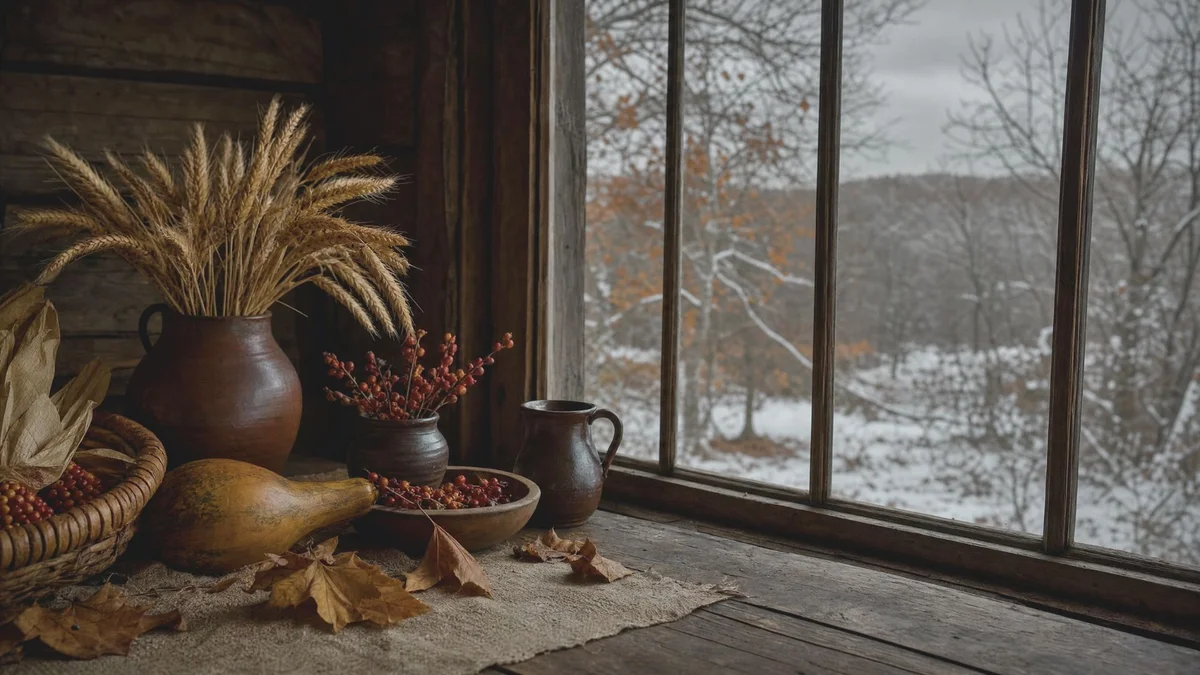 Autumn still life with wheat, berries, and pottery indoors