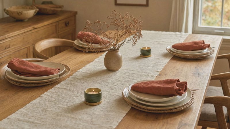 Styled dining table with plates, terracotta napkins, dried flowers