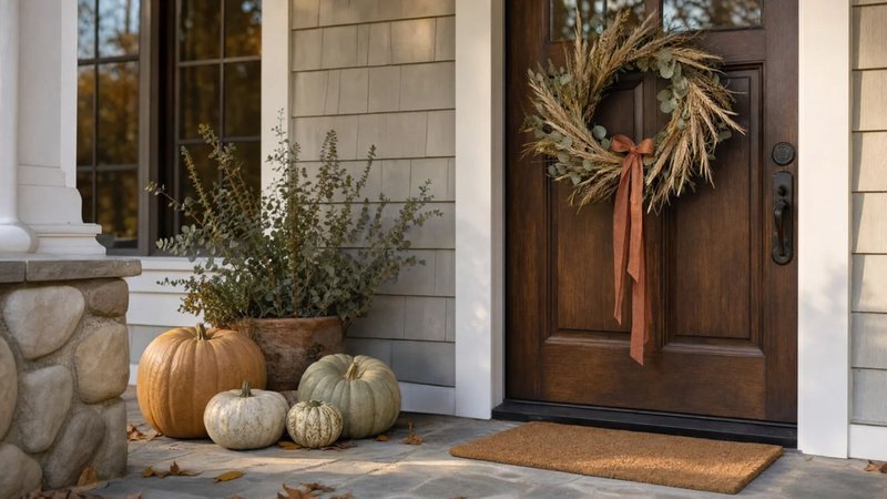 Front porch with pumpkins, greenery, and a dried wreath