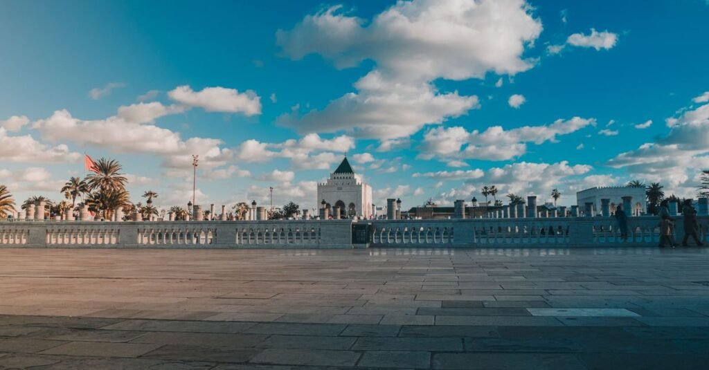 Mausoleum of Mohammed V in Rabat, Morocco, under a clear blue sky