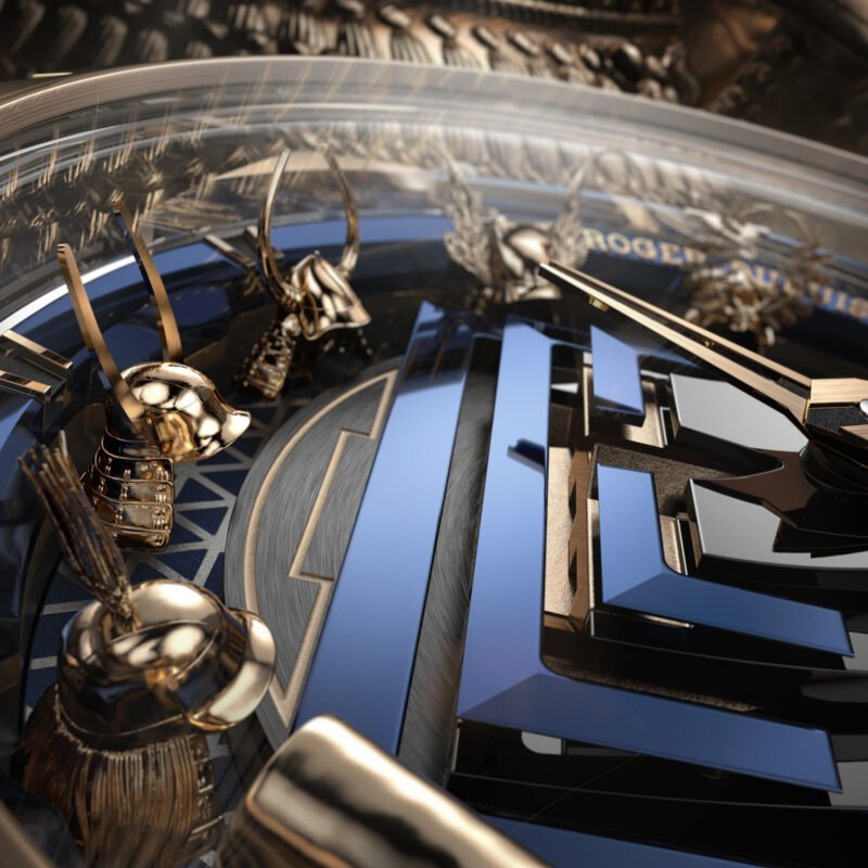 Close-up of Kabuto Legacy dial with sculpted samurai helmets