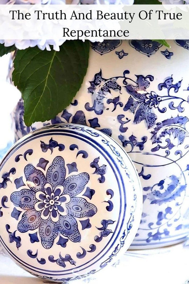Blue-and-white ceramic still life with title text overlay