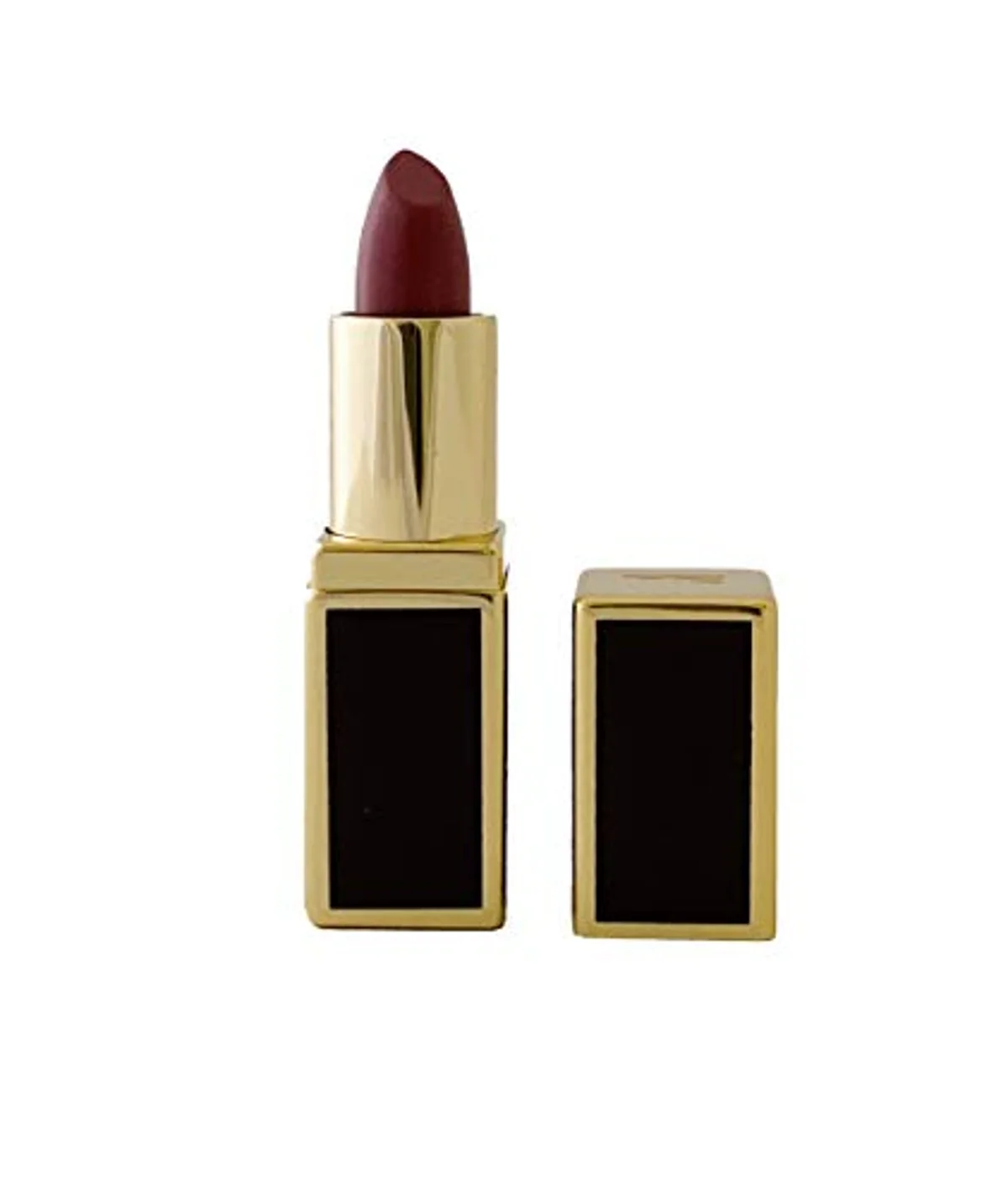 Open lipstick tube with deep red bullet